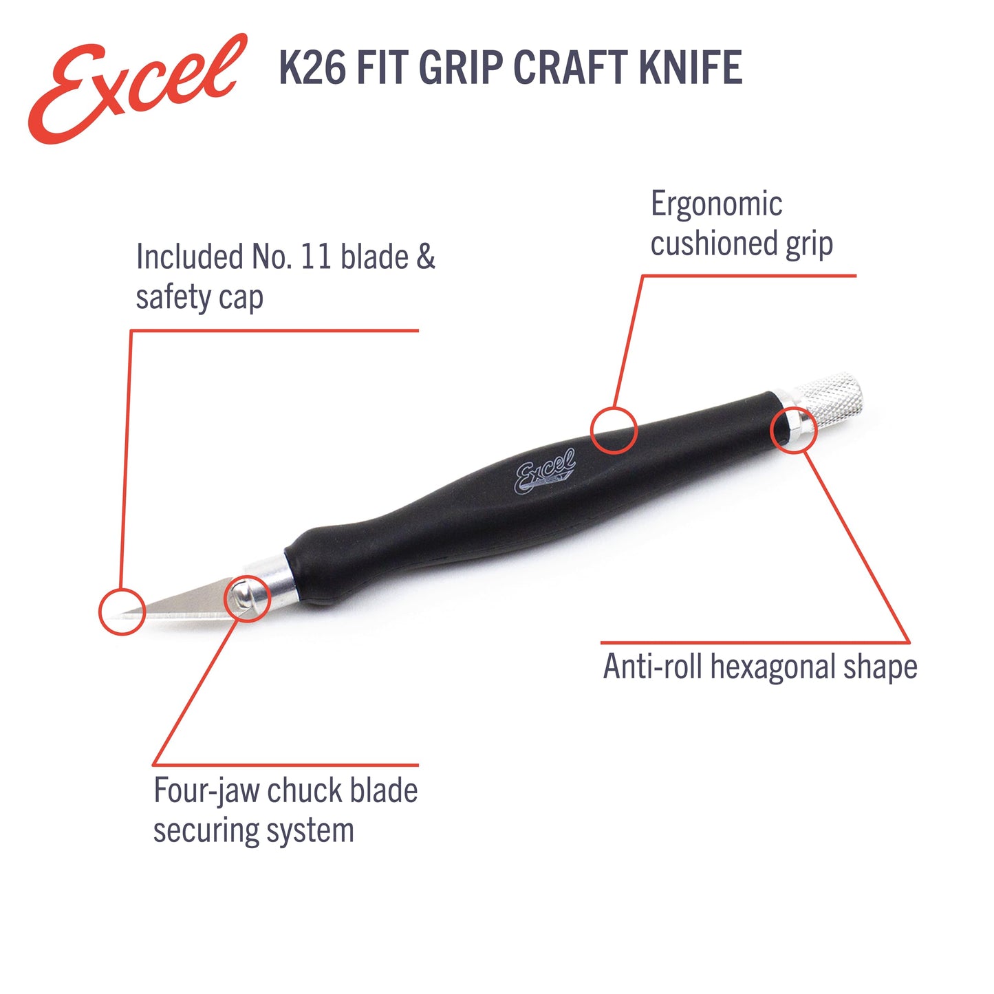 Excel Blades Fit Grip Craft Knife 3-Pack With #11 Ultra-Sharp Carbon Steel Angled Blade – Precision Hobby Knife with Contoured Rubberized Grip for DIY, Art Crafts – Black, Made in the USA