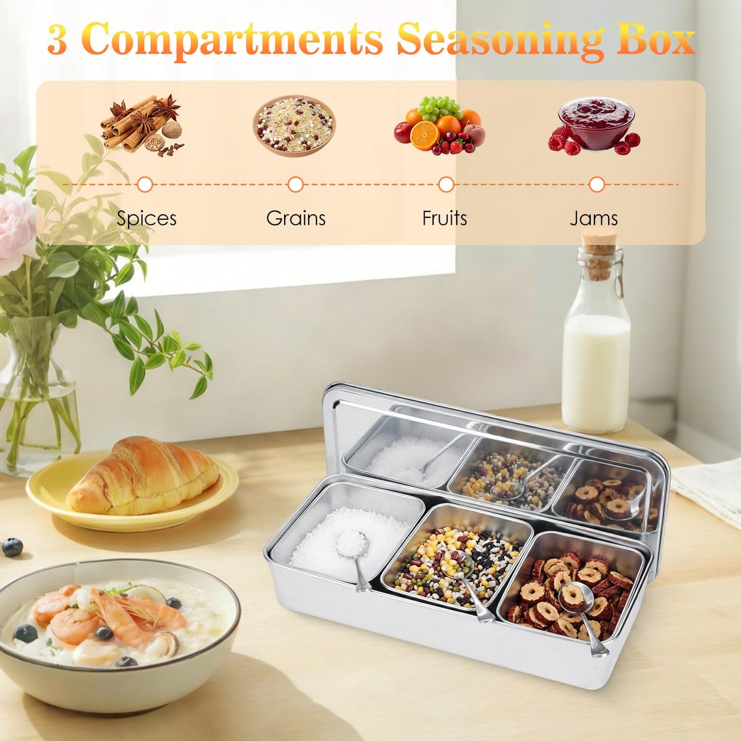 Hapivida Stainless Steel Seasoning Box, 3 Compartment Dispenser Container with Lid Food Serving Display Container Serving Tray Large Capacity Kitchen Condiment Storage Silver