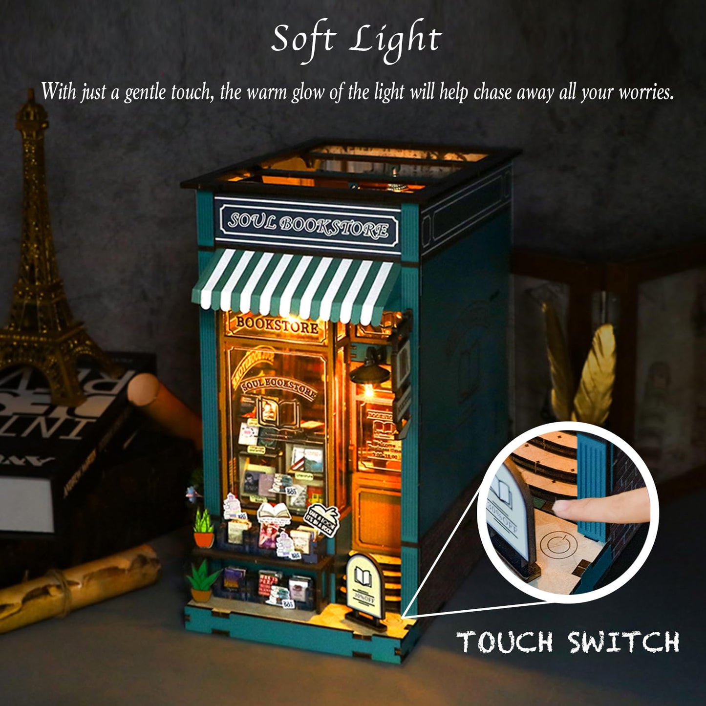 RICFURPET DIY Book Nook Kit with Music Box, Wooden 3D Puzzle Dollhouse with LED, Miniature House Kit Bookends for Adult and Teen, Bookshelf Decor, Creative Gift for Friends and Family. Soul Bookstore