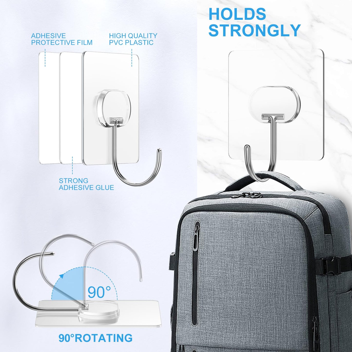 Large Adhesive Hooks for Hanging Heavy Duty Wall Hooks Self Adhesive Towel Coat Hooks Waterproof Transparent Hook for Bathroom Shower Kitchen Keys Door Outdoor Home Improvement Utility Hook 8 Pack