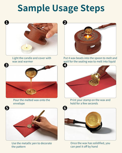 Wax Seal Stamp Kit for Beginners: Wax Sealing Tool Set 3 Brass Stamp Heads with Unique Patterns, 200 Beads, 5 Envelopes & Instructions for Wedding Invitations, DIY Letters & Gift Decoration