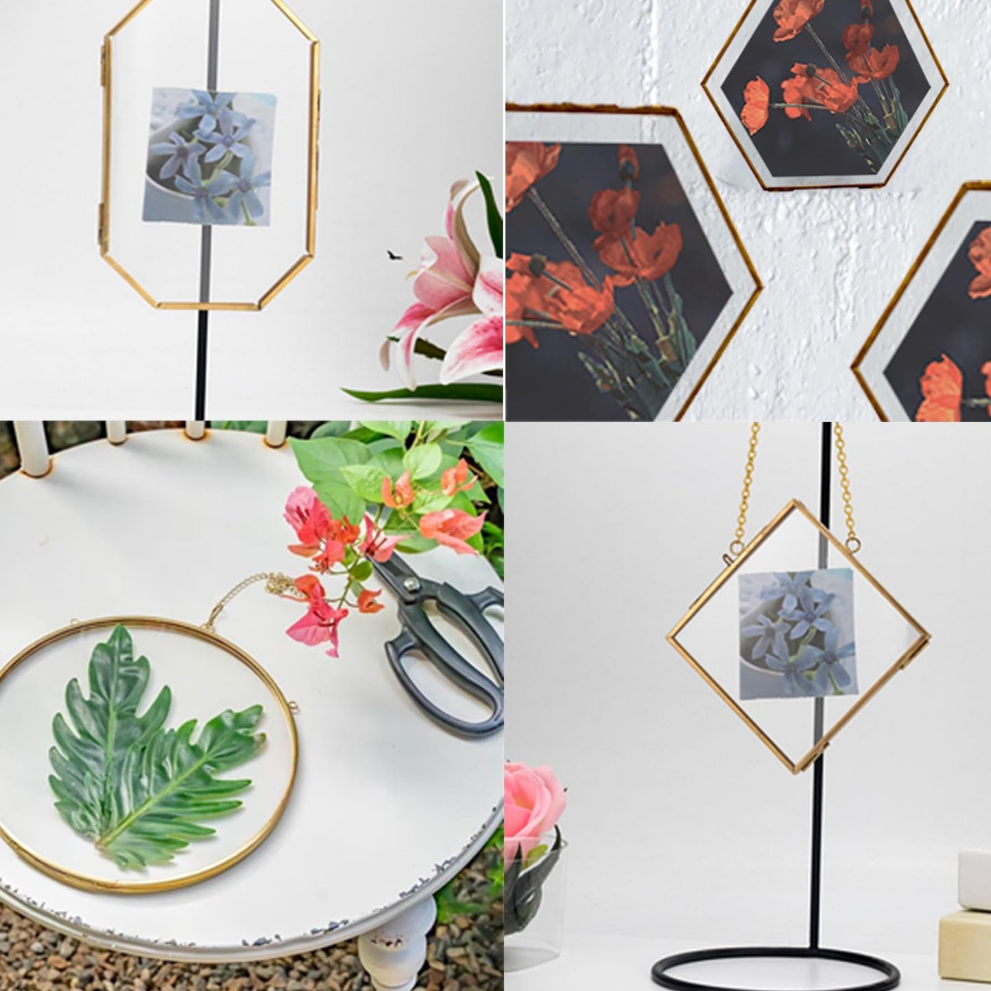 Voittozege 6 Pcs Double Glass Frame for Pressed Flowers, 6 Different Golden Hanging Glass Picture Frames with Chain Gold Floating Frames Artwork Display for Gallery Wall Decor Dried Plant Leaf