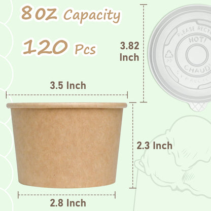 ESSENTIAL Paper Ice Cream Cups with Lids, 120pcs 8oz Disposable Dessert Bowls with Lids for Hot or Cold Food, Paper Snack Containers for Sundae, Frozen Yogurt, Soup (Brown)