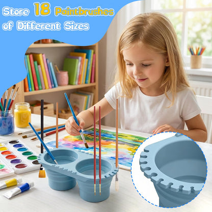 Lwuey Paint Brush Cleaner Cup - Foldable Silicone Brush Cleaning Rinse Cup with Dual Cleaning Compartments and Brush Holder, Portable Artist Travel Supplies Suitable for Acrylics, Watercolors
