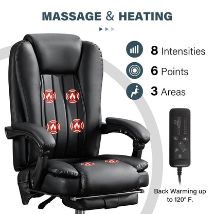 Thctvous Luxury Leather Executive Office Chair with Foot Rest, Reclining Massage Office Chair with Heat/Adjustable Backrest/Rolling Wheels/Soft Cushion, Heavy Duty, 400 Lbs Capacity (Leather, Black)
