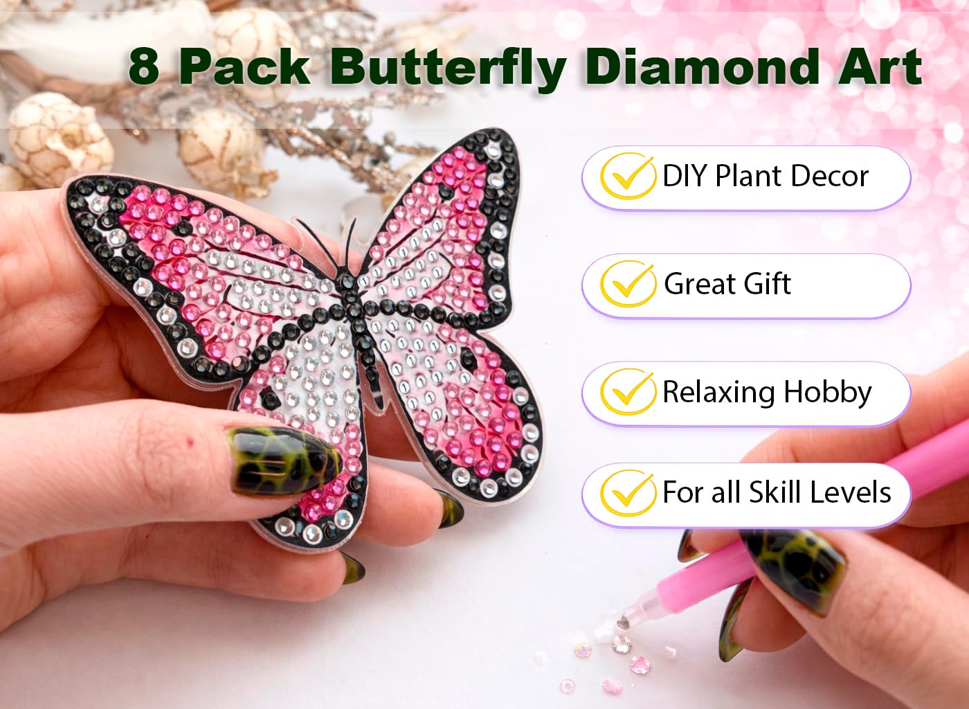 BEAUTYMEHNDI STORE 8 Pack Diamond Art Butterfly Plant Stakes – DIY Mini Diamond Painting Kit for Adults, Garden Decor, Partial Drill Jewel Art, Small Craft for Indoor & Outdoor Plants Adult