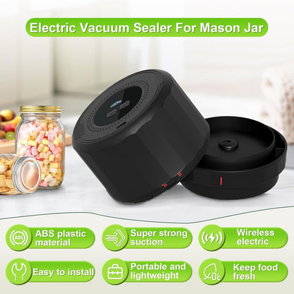 Electric Mason Jar Vacuum Sealer Kit with Wide Regular Mouth Mason Lids for Food Storage - Black