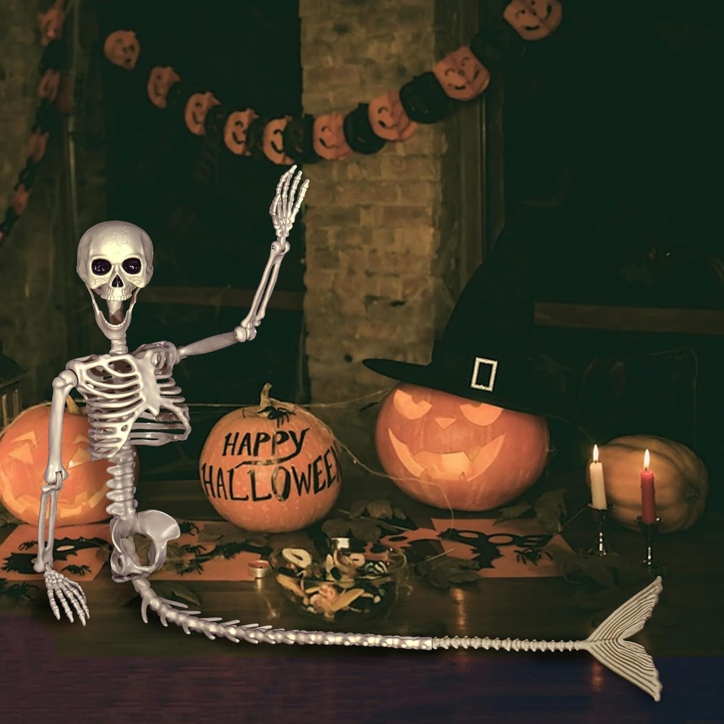 BEABOO 1 Pack 52 Inches Mermaid Halloween Skeleton Pose-N-Stay Posable Movable Joints Hanging for Halloween Decoration Decor Spooky Scene Party Favors