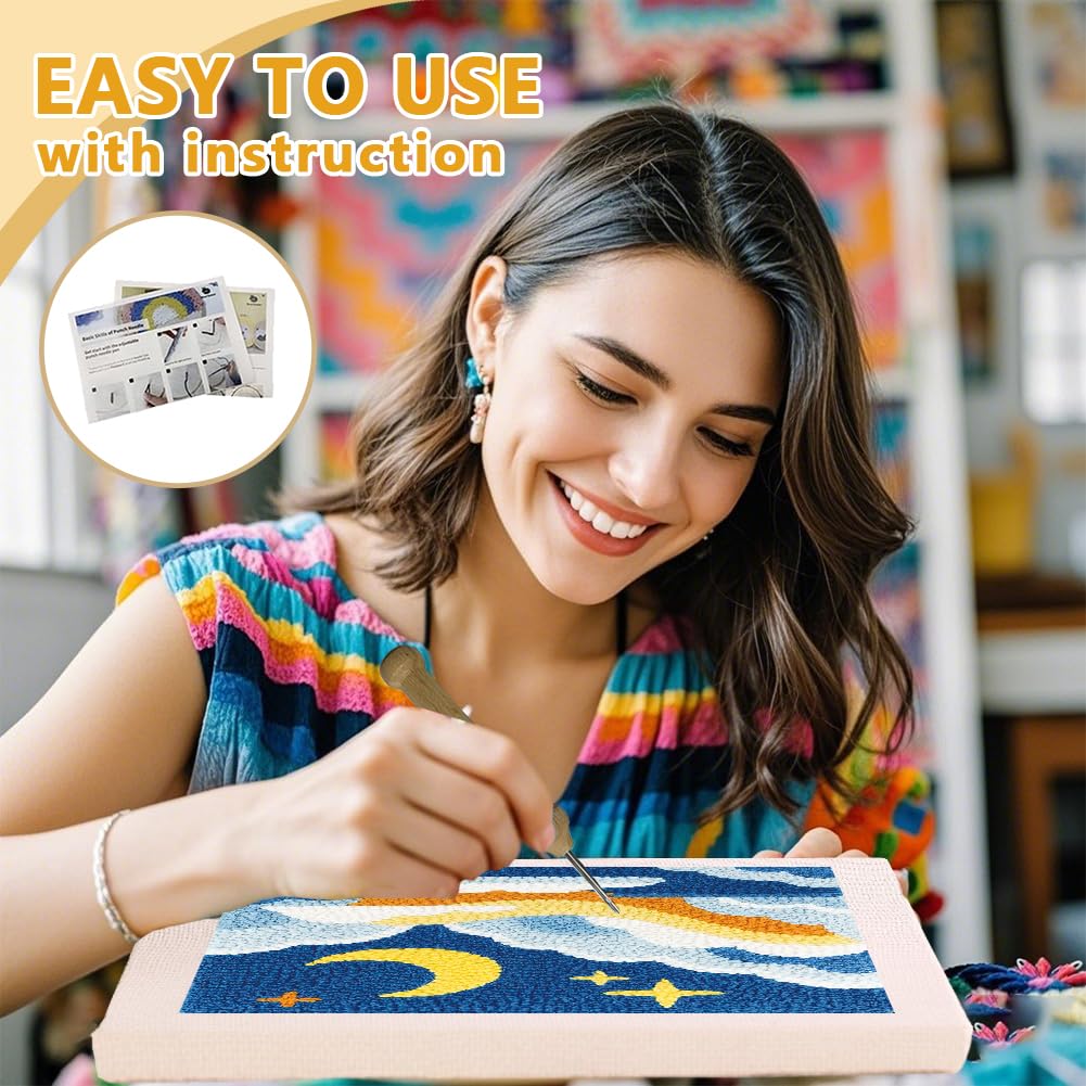 Doodlream Sea of Clouds DIY Punch Needle Embroidery Kit for Adult Beginner, 9.4" Clouds Moon Punch Stitching Craft Set for Starter with Frame,Fabric Pattern,Threader, Yarn, Pinch Needle