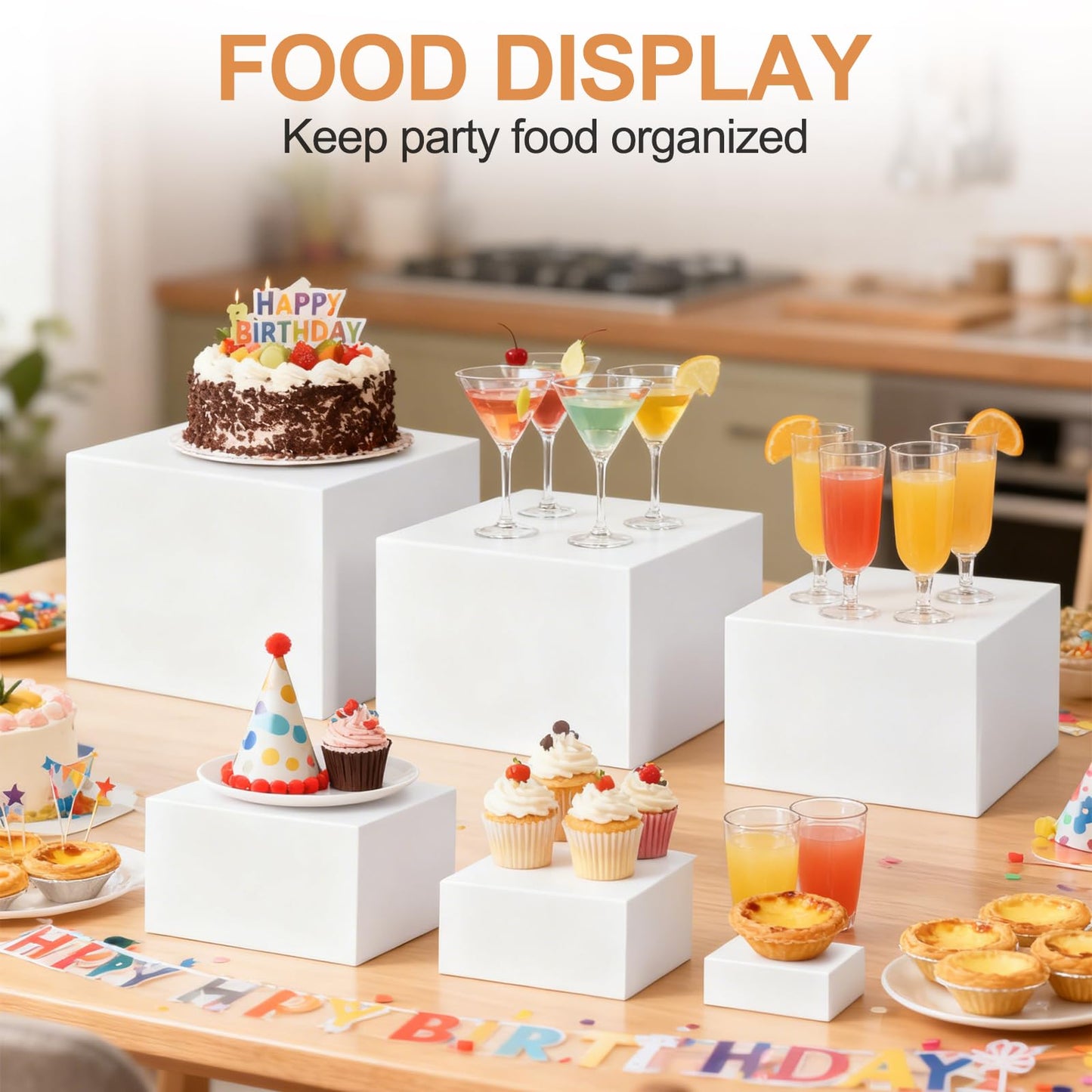 6 Pcs Buffet Risers, Acrylic Food Risers for Buffet Table, 6 Sizes (5x6x6.8x7x7.5x8 Inch) Display Stand Shelf for Party Catering Dessert Collectibles - Stackable Cube Boxes Display with Hollow Bottoms