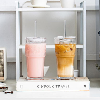 20oz Set 4 SoulTimes Ribbed & Floral Glass Tumbler of Reusable Glass Cups with Lid and Glass Straw, To-Go Iced Coffee