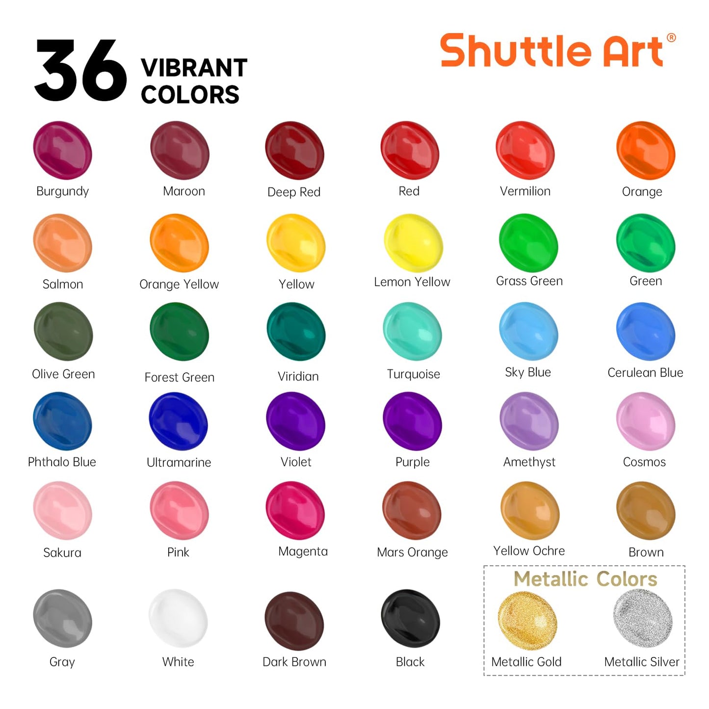 Shuttle Art Acrylic Paint, 36 Colors Acrylic Paint Set with Brushes & Palette, 2oz/60ml Bottles, Rich Pigments Non-toxic for Artists Kids & Adults, Painting on Canvas Rocks Ceramic Wood