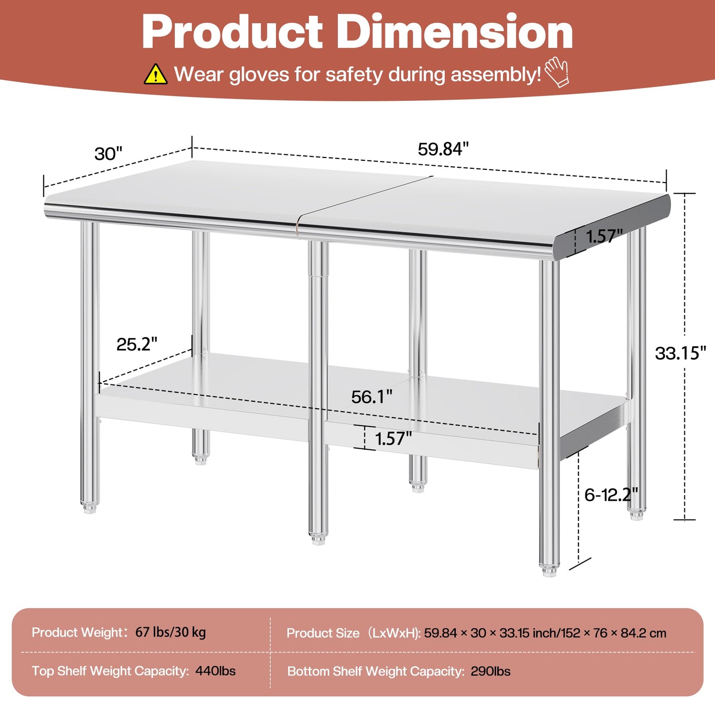 Jocisland 30" x 60" Stainless Steel Table for Prep & Work, Food-Grade Stainless Steel Adjustable Under Shelf and Feet, for Commercial Kitchen, Restaurant, Hotel, Garage