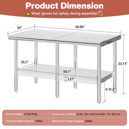 Jocisland 30" x 60" Stainless Steel Table for Prep & Work, Food-Grade Stainless Steel Adjustable Under Shelf and Feet, for Commercial Kitchen, Restaurant, Hotel, Garage