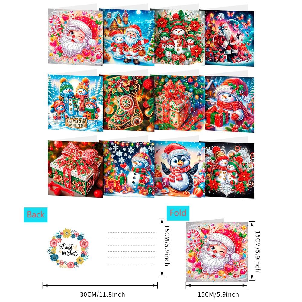 YGbaby 12 Packs DIY 5D Diamond Painting Christmas Cards Kits for Adults - Crystal Box Snowman Diamond Art Greeting Cards - Merry Christmas Gem Art Gifts for Xmas Family and Friends