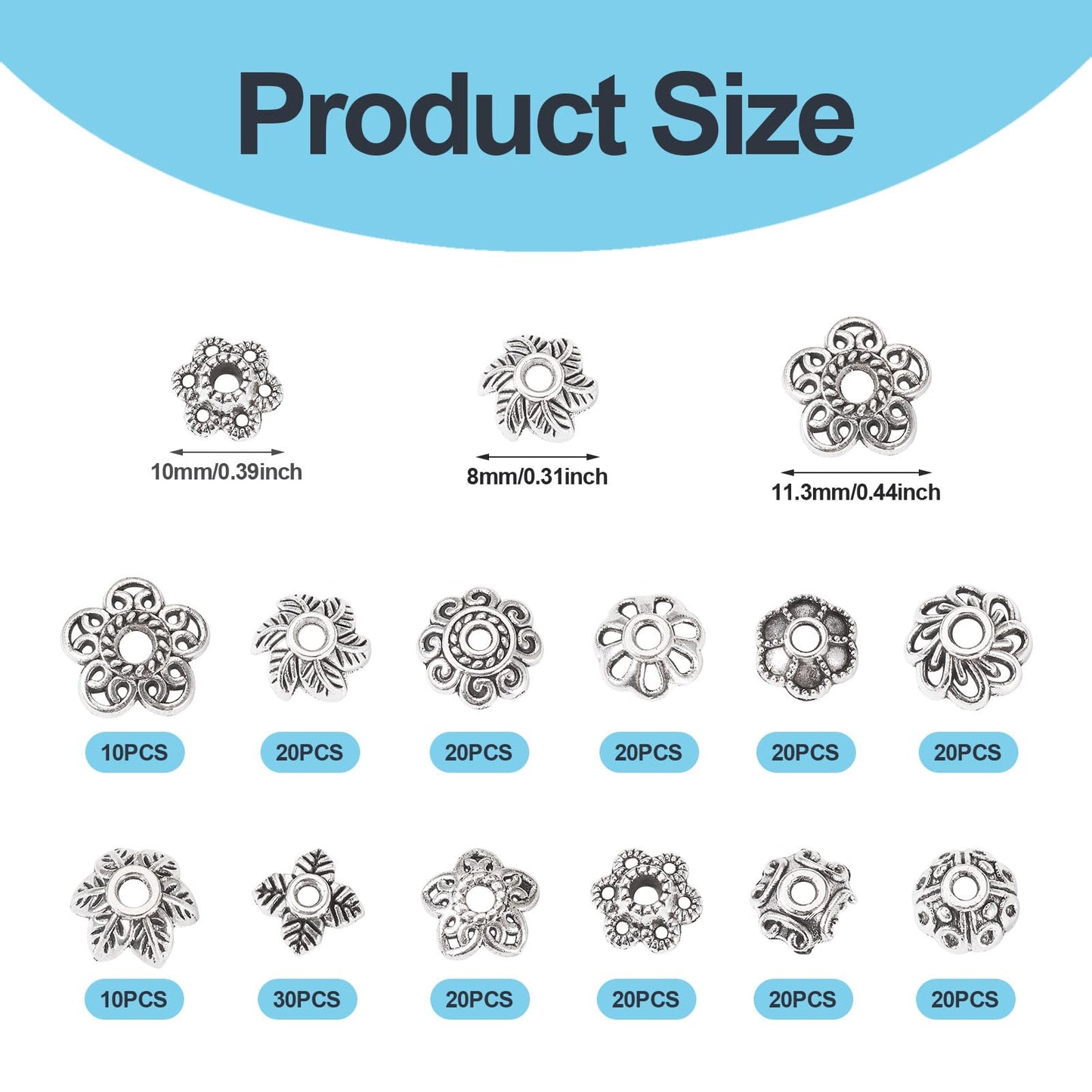 Craftdady 230pcs Antique Silver Bead Caps Tibetan Alloy Flower Bead Caps Metal Multi Petal Spacer Beads Vintage End Caps Beads 6.9 mm-10 mm for DIY Craft Earring Bracelet Jewelry Making