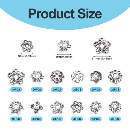 Craftdady 230pcs Antique Silver Bead Caps Tibetan Alloy Flower Bead Caps Metal Multi Petal Spacer Beads Vintage End Caps Beads 6.9 mm-10 mm for DIY Craft Earring Bracelet Jewelry Making