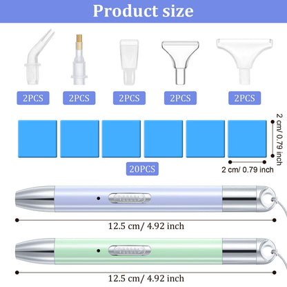 Zonon 2 Pieces LED Diamond Painting Pen 5d USB Rechargeable Lighting Point Drill Pen with 10 Head and 20 Glue Clay for DIY Handicraft(Green, Purple)
