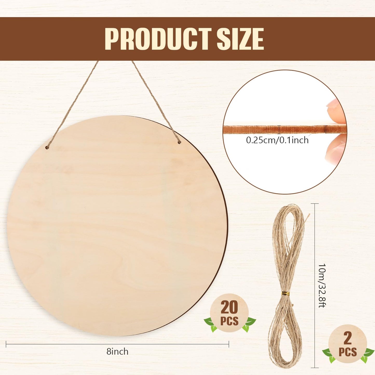 Suzile 20 Pcs Blank Wood Rounds Unfinished Wooden Crafts Signs Circles Discs for DIY Christmas Home Decor Painting Door Hanger Design(8 Inch)