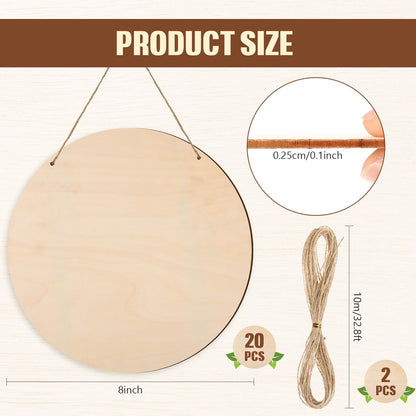 Suzile 20 Pcs Blank Wood Rounds Unfinished Wooden Crafts Signs Circles Discs for DIY Christmas Home Decor Painting Door Hanger Design(8 Inch)
