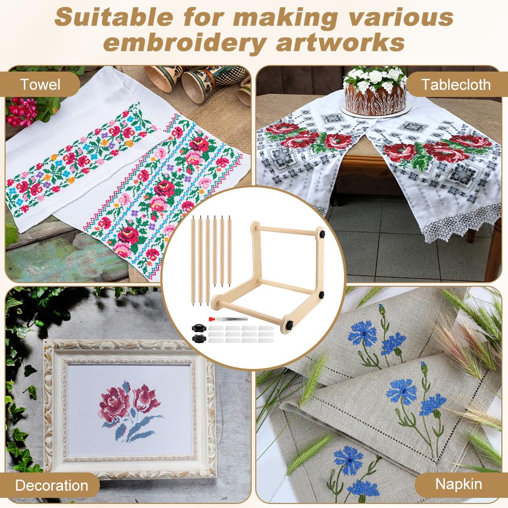 Adjustable Embroidery Table Stand, Wood Embroidery Hoop Holder, Hands-Free Cross Stitch Scroll Frame Needlepoint Stand for Lap/Table Top Stitching Sewing, 11.8" & 15.75" 2 Size Rod(Color:Wood)