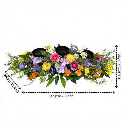 Lnymura 26 Inch Spring Summer Centerpiece with 3 Candle Holders Floral Table Centerpiece with Daisies and Wildflowers for Dining Table Mantel Wall and Farmhouse Table Decoration