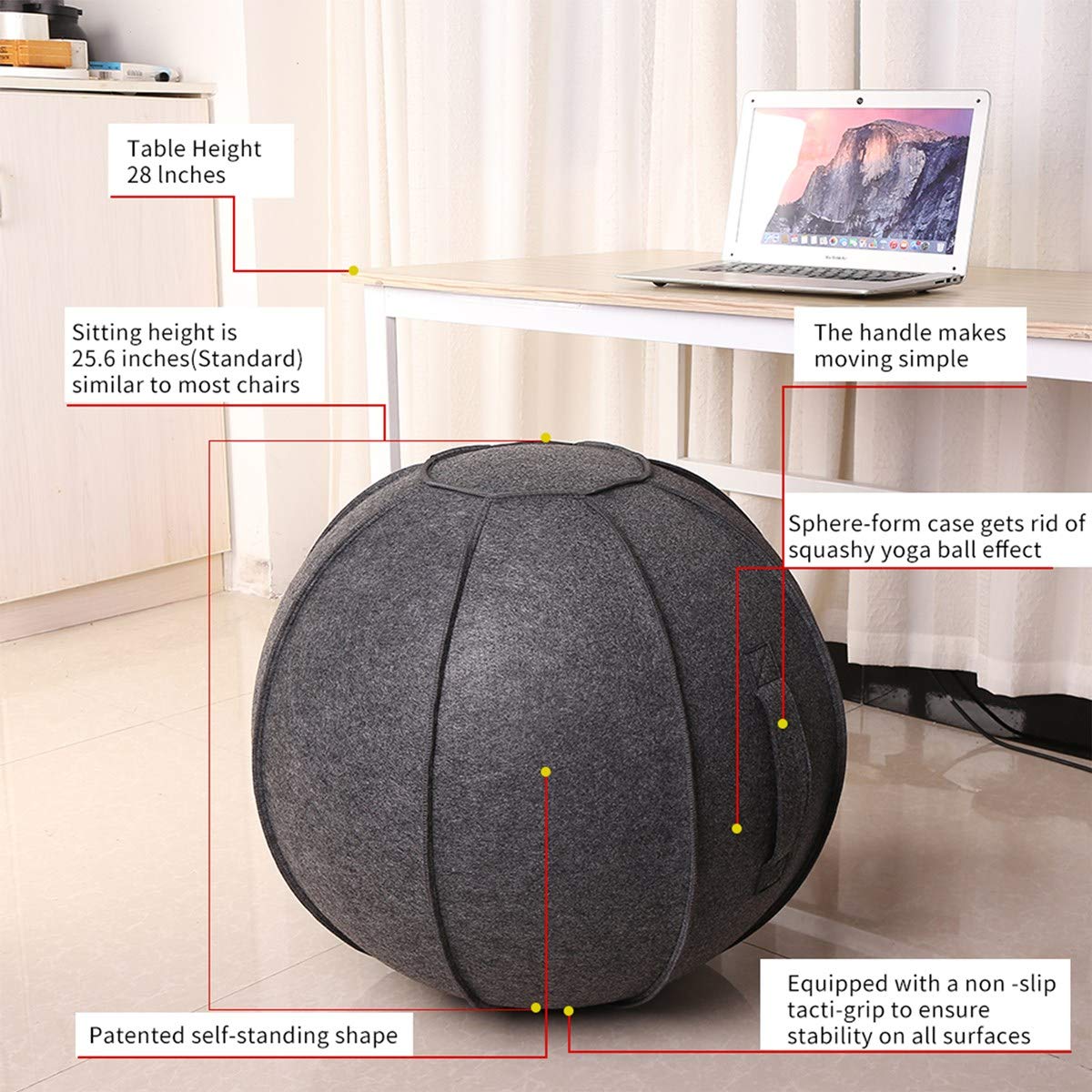 XGYLVFEI 65cm Sitting Ball Chair for Office, Dormitory and Home, Pilates Exercise Yoga Ball with Cover, Lightweight Self-Standing Ergonomic Posture Activated Exercise Ball with Handle