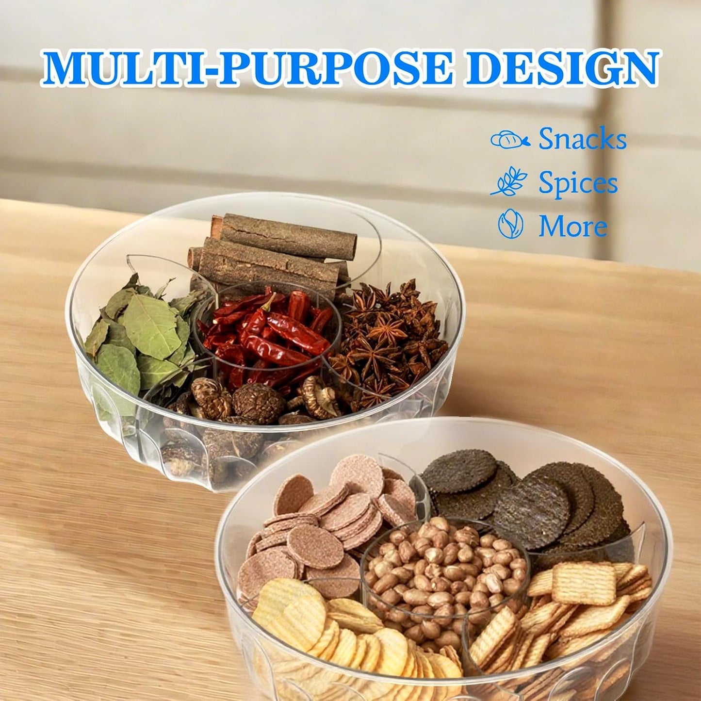 Tremeals 5-Compartment Round Spice Organizer Box with Lid Clear Seasoning Container for Kitchen BPA-Free Food Grade
