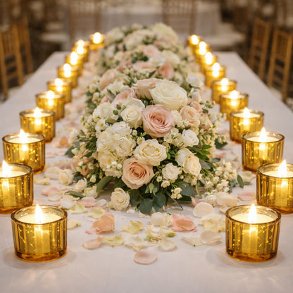 Mumufy 100 Pcs Glass Tealight Candle Holder Ribbed Votive Candle Holder for Centerpiece Wedding Proposal Spa Aromatherapy Meditation Home Decor (Gold)