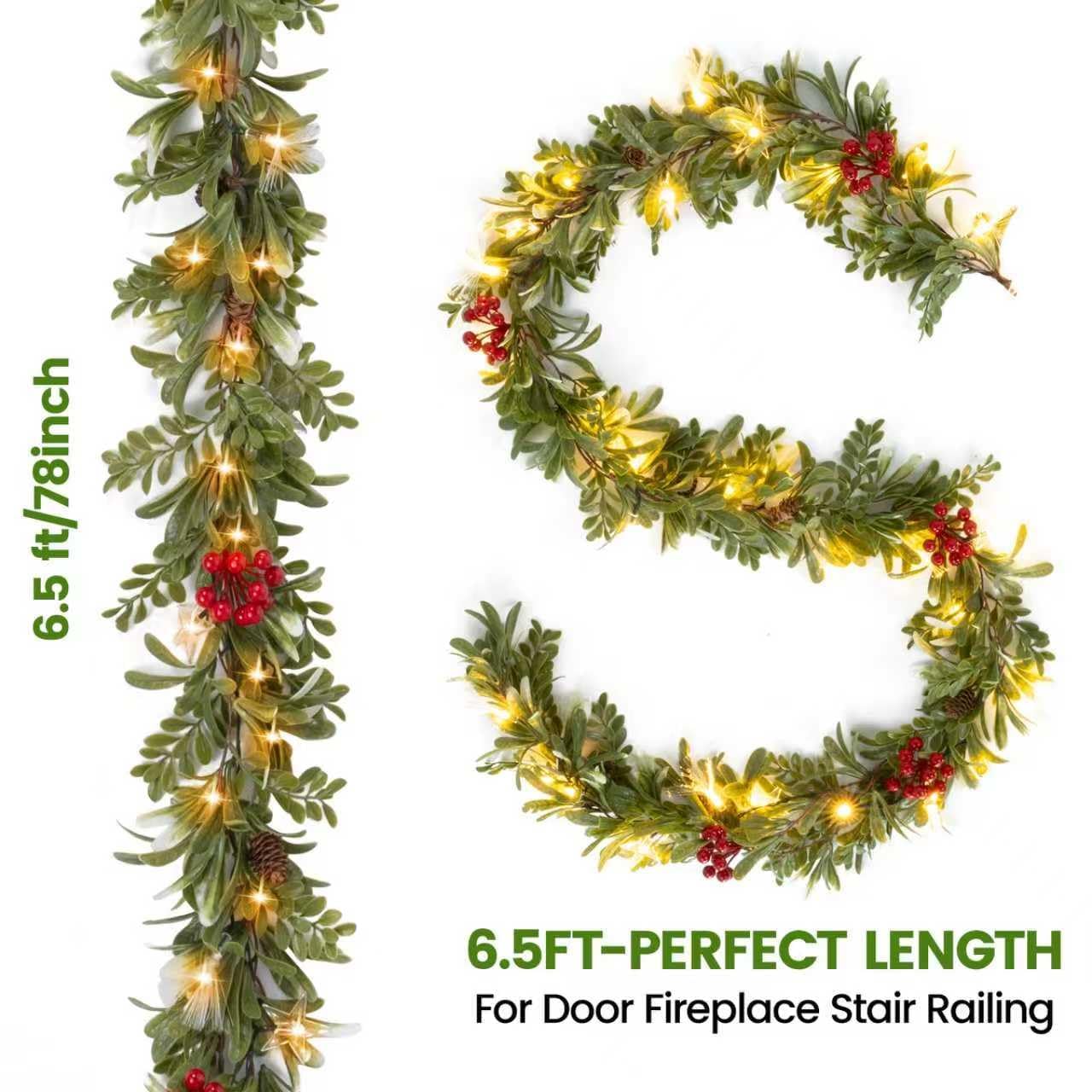 6.5FT Christmas Garland with Lights & Timer, 30 LED Pre-lit Greenery Olive Garland with Red Berry Pinecone, Battery Operated Lighted Garland for Fireplace Mantle Door Stairs Table Christmas Decoration