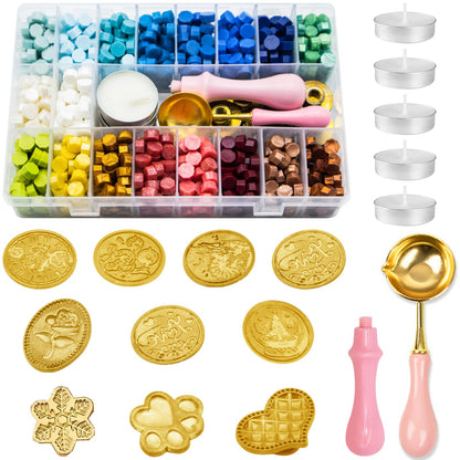 Waltool 917Pcs Wax Stamp Bead Kit for Beginner, 18 Colors Wax Sealing Beads, 10 Stamps, Spoon for Wedding Invitation, Envelope Seal, DIY Crafts, Gift Idea