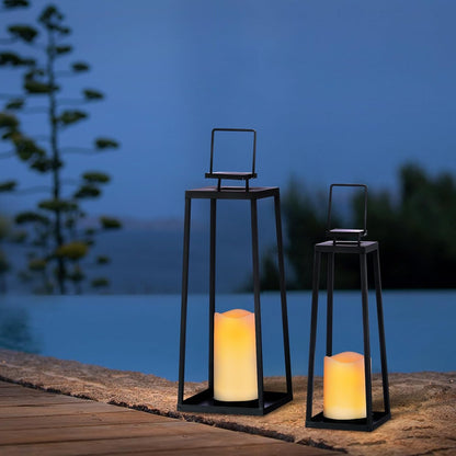 Skiennix Solar Lantern Set of 2 - Modern Black Metal Lanterns with Solar Candles | 18’’ & 15’’ for Outdoor Decor