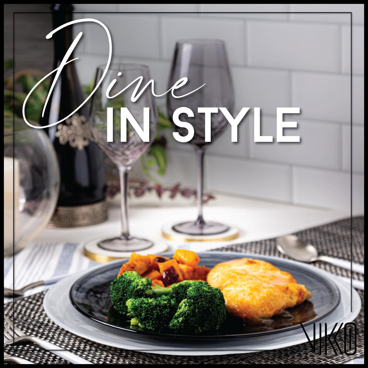 Vikko Dinner Plates, Set of 6 Black Alabaster Plates, 11" Plate with Marbelized, Swirl Design, Elegant Glass Plate, Dishwasher Safe