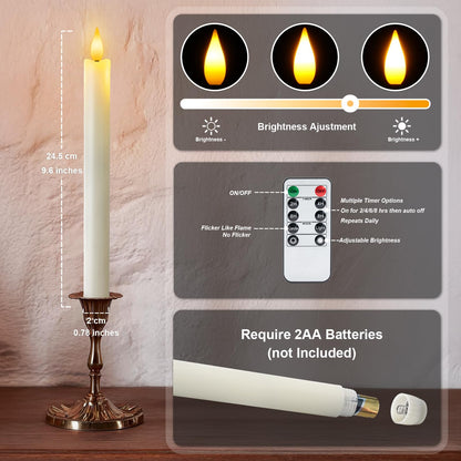 Meigic 12 Pcs Flameless Taper Candles with Remote Timer, Battery Operated Window Candles, White Plastic LED Candlesticks, for Wedding Halloween Christmas Church Decor, 9.6 inches
