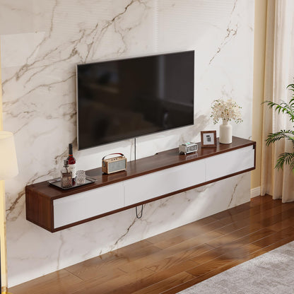 FurniNova Fully Assembled Floating TV Stand, Modern Plywood Media Console with 2 Drawers & 1 Flip Door, Wall Mounted Entertainment Center with High Gloss Finish & Round Edges, 55 inch, Walnut & White