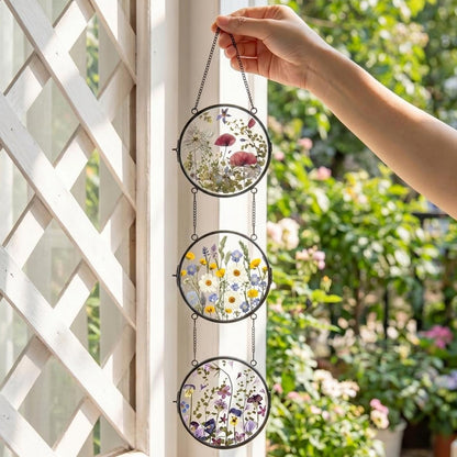 FOCHIER F Linked Round Pressed Flower Frame with Chain, Brass Double Glass Floating Picture Frame for Dried Flowers, Botanical DIY Display, Dynamic Hanging Wall Decor, Aesthetic Gift for Women