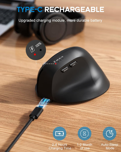 Bluetooth and 2.4GHz Ergonomic Mice, 2 in 1 Wireless Mouse with 3 DPI Levels, Rechargeable Computer Mouse with USB Receiver and Type C Adapter for Laptop, Desktop, Windows, Mac OS, Black
