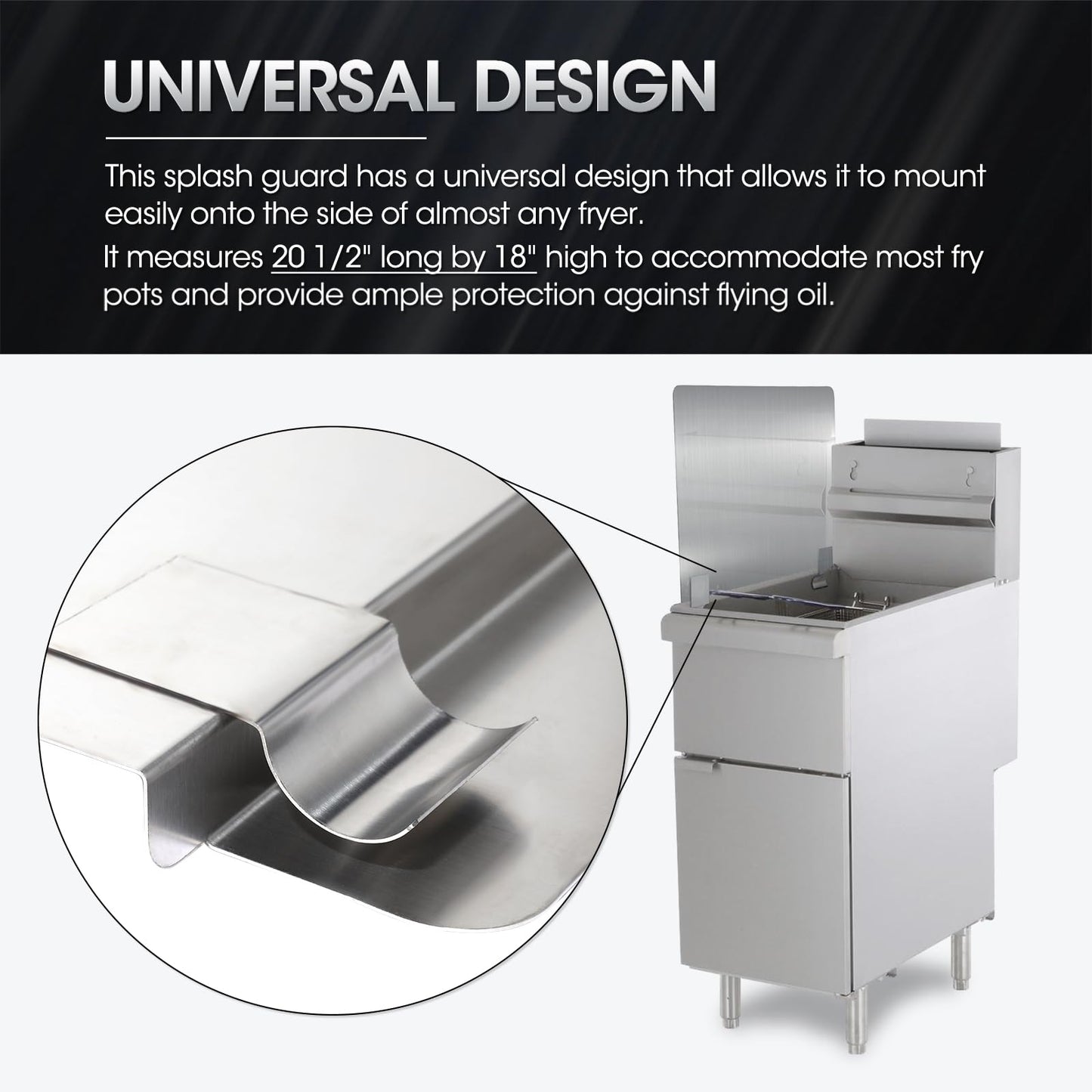 Zipcase Stainless Steel 20-1/2" W x 18" H Universal Side Fryer Splash Guard for Commercial Fryers Fitting 0.5" - 1" Side, Pack of 1