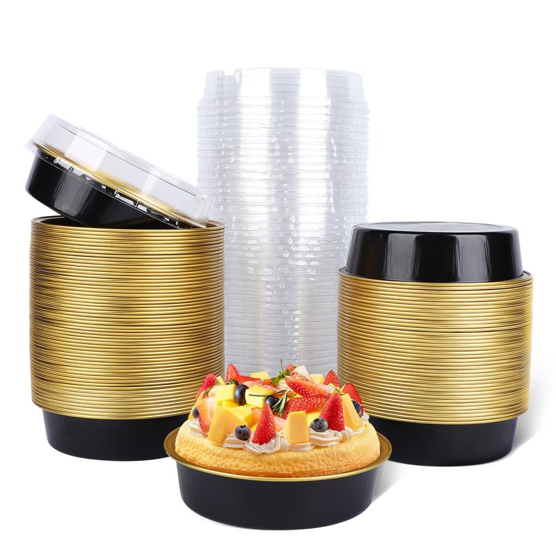 Beasea Disposable Creme Brulee Ramekins with Lids, 120 Pack 4 Inch 8oz Mini Pie Tins Black Gold Mini Small Aluminum Foil Pie Tart Cake Baking Pans Individual Round Containers Oven Safe for Baking