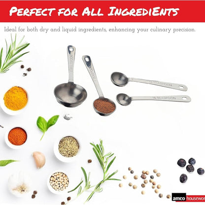 Amco Stainless Steel Measuring Spoons Set, 4-Piece, Stackable, Ergonomic Handles, Dishwasher Safe