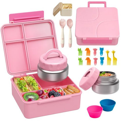 Bento Lunch Box with 9.5 oz Soup Thermo, Kids Leakproof 4 Compartments Bento Box with Silicone Cupcake,Fruit Fork,Spoon and Sauce Cup,Insulated Food Jar for School Travel-Pink