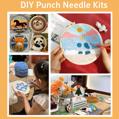 Punch Needle Kits Cute Baby Orange Highland Cow in Daisy Flowers Easy for Beginners DIY Punch Needle Yarn Starter Embroidery Set for Craft Lovers with Printed Pattern and Hoop for Home Decor 20x20cm