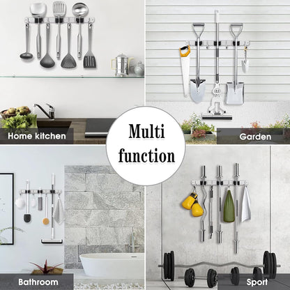 AceMining 5 Racks and 4 Hooks Mop and Broom Holder Wall Mount, Broom Organizer Storage Tool Racks Stainless Steel Heavy Duty Hooks Self Adhesive Solid Non-slip for Home Kitchen Garden Laundry Garage