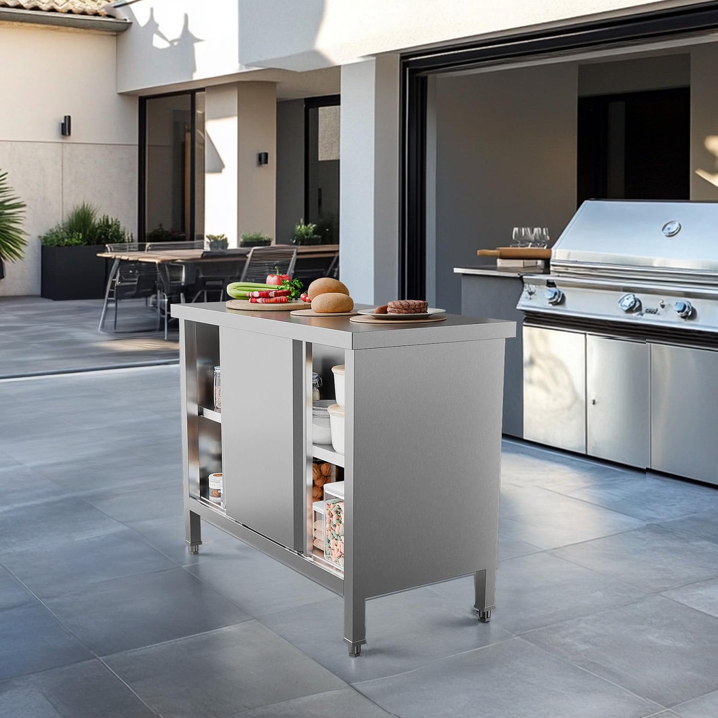 ROVSUN Stainless Steel Table with Cabinet 39 x 19 inches, NSF Commercial Heavy Duty Kitchen Table for Prep & Work, Kitchen Cabinet with 2 Sliding Doors for Restaurant, Home, Hotel, Garage, Laundry