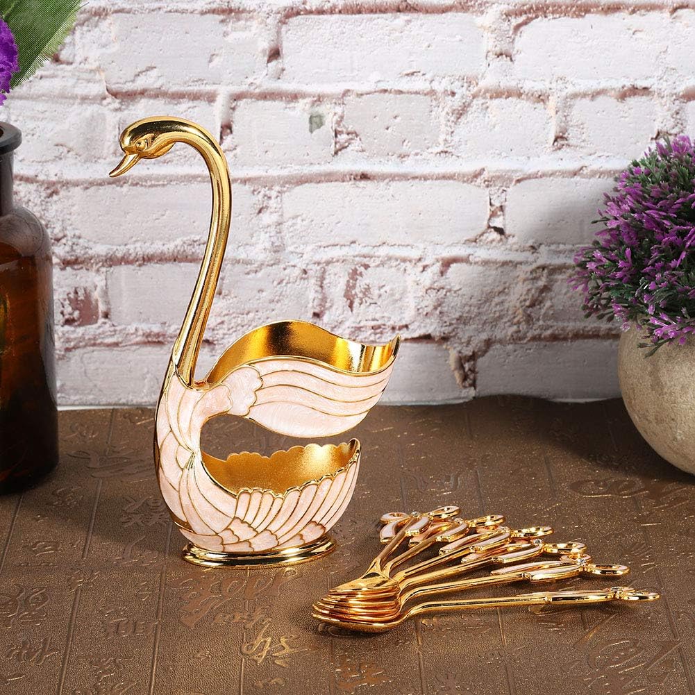 6PCS Coffee Spoons Set, Dessert Spoons with Swan Base Holder, Stainless Steel Small Spoons for Ice Cream