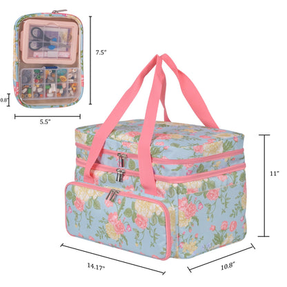 Remobia Hicol Sewing Accessories Organizer,Double Layer Sewing Storage Organizer Bag with 2 Detachable Pouches and 2 Pack Clear Plastic Organizer Box,Large Sewing Supplies (Rose Pattern)