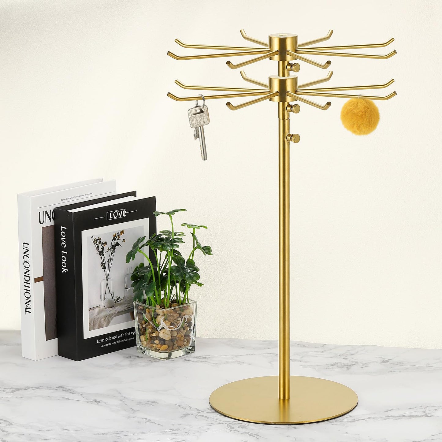 uxcell Keychain Display Stand, 1Pcs - Metal 2-layer Rotating Jewelry Display Stand with 8 Hook, Adjustable Display Rack for Necklace Craft Shows (Gold)