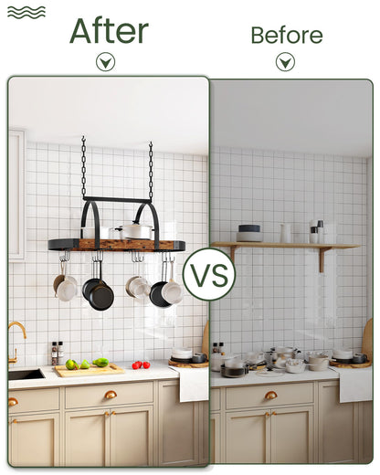 CHOEZON Hanging Pot Rack, Pot Hanger for Kitchen, Ceiling Mounted Pot Holder, Cookware Organizer with 12 S-Shaped Hooks, for Pot, Pan Storage, Space-Saving, Rustic Brown and Black TPR08BFC1