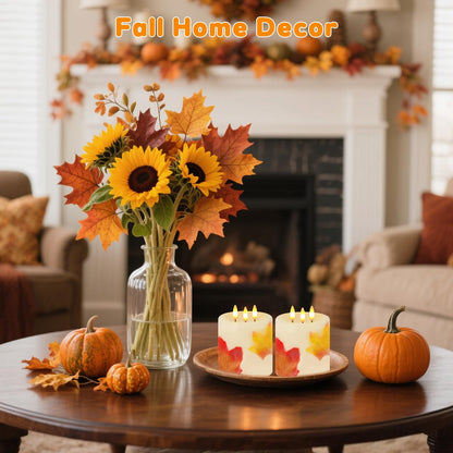 Large 3 Wick Flameless Candles, 4"x4" Flickering Maple Leaves LED Candles with Remote & Timer, Real Wax Electric Pillar Candles Battery Operated, Fall Candles for Thanksgiving Harvest Autumn Decor