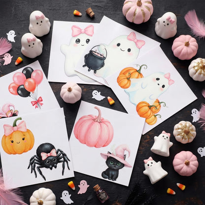 Harloon 15 Sheets Halloween Cute Ghost Rub on Transfers for Crafts Furniture Wood Ornaments Pink Bow Ghost Pumpkin Stickers Rub on Decals for Halloween Scrapbook DIY Wood Fabric Journal Envelope